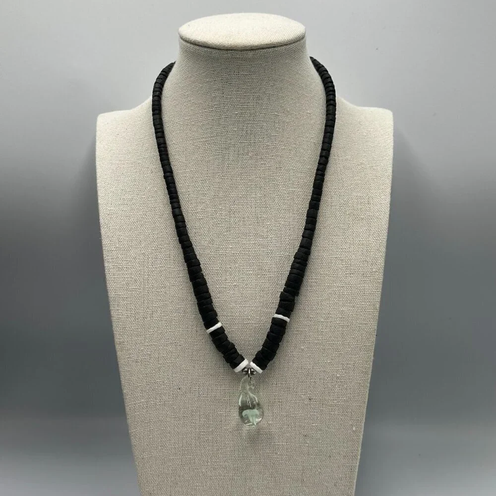 Black Beaded Necklace Glass Mushroom Pendant Mens Surfer Style 18 Inch